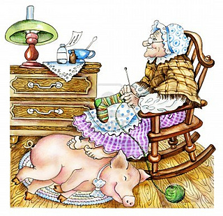 18085690-granny-mit-einem-schwein-hand-gezeichnet-karikaturillustration-alte-frau-strickt-einen-strumpf-sie-w_small2